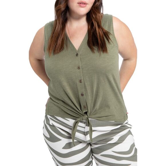 Sanctuary Amuse Tie-front Button-down Top In Trail Green S - Picture 1 of 3